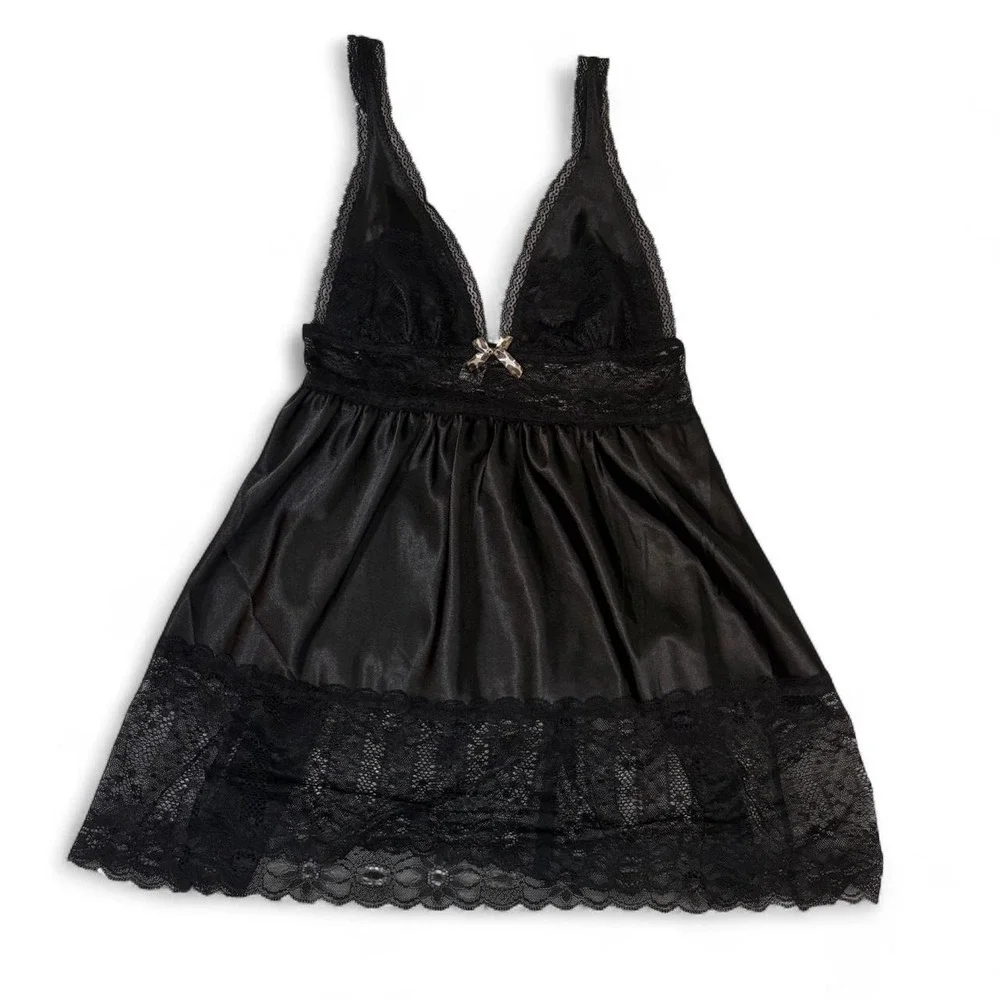 Black Lace Babydoll Top with Leopard Bow Size Small